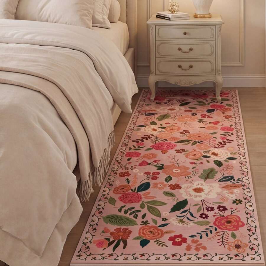 1pc, Washable Non-Slip French Country Pink Floral Print Plush Carpet, Soft Non-Slip Plush Rug, Washable Botanical Style Atmosphere Carpet, Suitable For Bedroom, Living Room, Nursery, Dining Room And Other Atmosphere Home Decor, Daily All-Season Style, Carpet, Rug, Carpet Living Room, Kitchen Mat, Carpet For Bedroom, Bathroom Mat, Rug Bedroom, Room Decor, Rugs For Living Room, Kitchen Rug, Hallway Runner, Washable Rug, Boho Rug,