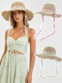 1pc Women's Beach Hat, Summer Sun Hat, Round Top Straw Hat, Unisex Suitable For All Seasons, Denim Cowboy Hat, Wide Brim Beach Hat, Women's Beach Accessory, Suitable For Fishing, Hiking, Beach, Cruise - Straw Hat - View 1