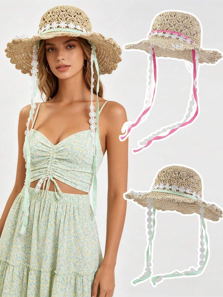 1pc Women's Beach Hat, Summer Sun Hat, Round Top Straw Hat, Unisex Suitable For All Seasons, Denim Cowboy Hat, Wide Brim Beach Hat, Women's Beach Accessory, Suitable For Fishing, Hiking, Beach, Cruise - Straw Hat - View 1