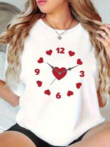 White Valentine's Day T-Shirt, Unisex, Heart And Clock Print, Soft Loose Fit T-Shirt, Short Sleeve, Round Neck, Ideal For Travel And Everyday Wear, Valentine's Day Gift, Printed Design, Slightly Stretchy. - 白色 - 查看 1