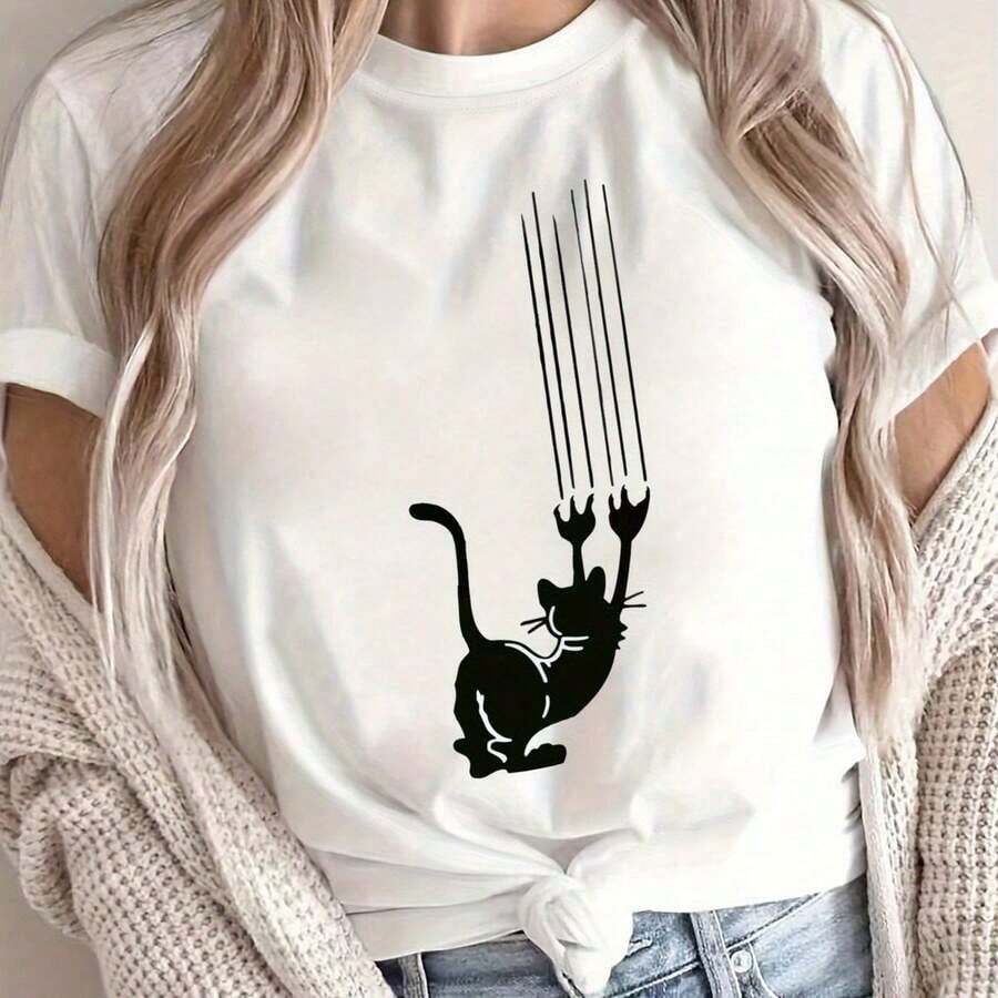 Women's Casual T-Shirt "PlayfulScratchingCat", With A Whimsical And Adorable Feline Print, High-Quality And Long-Lasting Print That Stays Vibrant, Attractive And Cute Design, Casual And Elegant Style, Ideal For Cat Lovers To Show A Unique Charm In Their Clothing. - 白色 - 查看 1