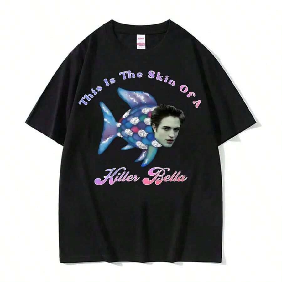 This Is The Skin Of A Killer, Bella Meme T-Shirt, Funny Twilight Rainbow Fish T-Shirt, Plus Size Women's Cotton Casual T-Shirts. - 黑色 - 查看 1
