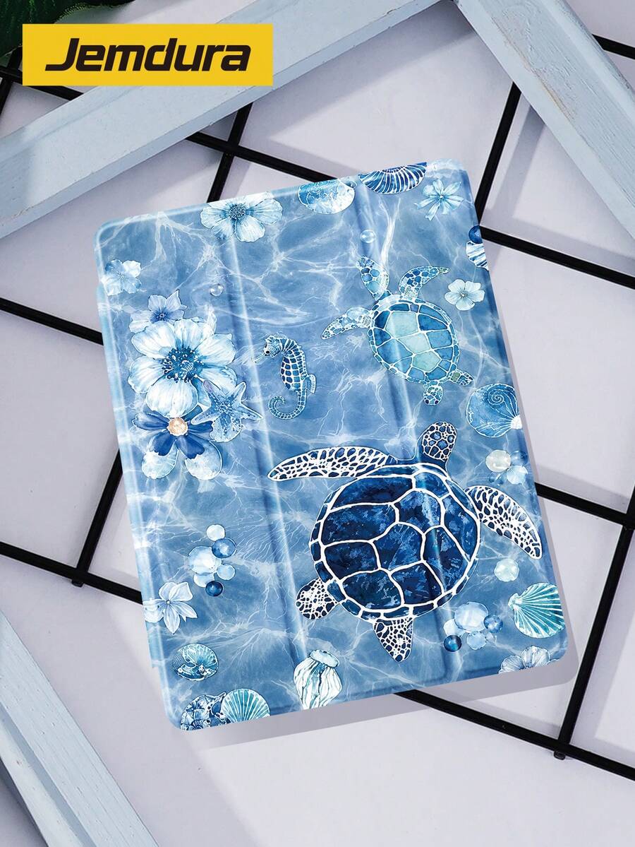 Blue Glass Sea, Sea Turtle, Ocean Element Pattern Tablet Protective Case, Tri-Fold Stand Protective Shell, Compatible With IPad 10.2 Inch, Pro 2021/2020, 9th/10th Gen, (A16) 11 Inch 11th Gen 2025, Galaxy Tab A8 10.5 Inch 2022, Matepad 10.4/Tab, Anti-Drop, With Pen Slot, Support Sleep/Wake, Gift For Kids/Family