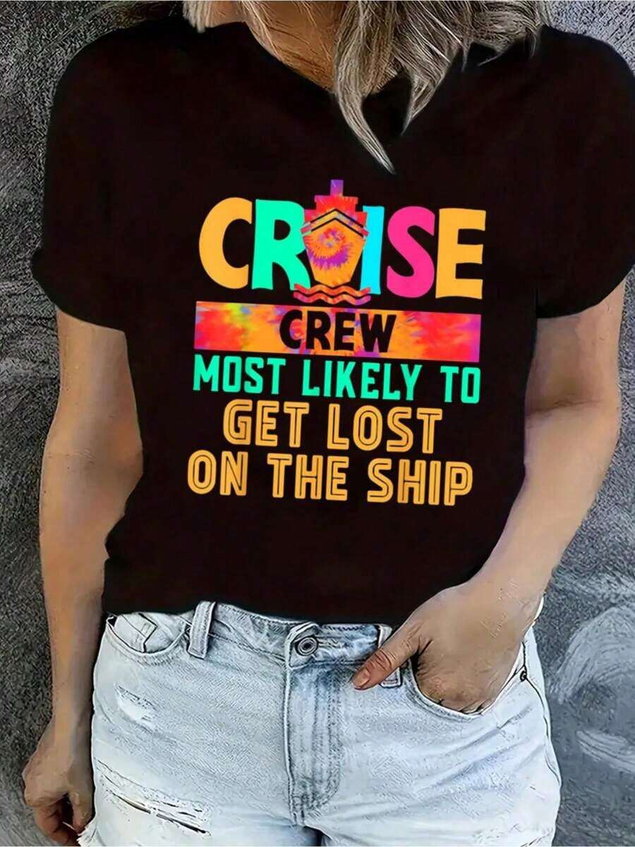 1 Piece Hippie T-Shirt "Cruise Crew Most Prone To Getting Lost On The Ship" Short Sleeve Casual For Spring And Summer, Women's Clothing, 180g 100% Cotton - 黑色 - 查看 1