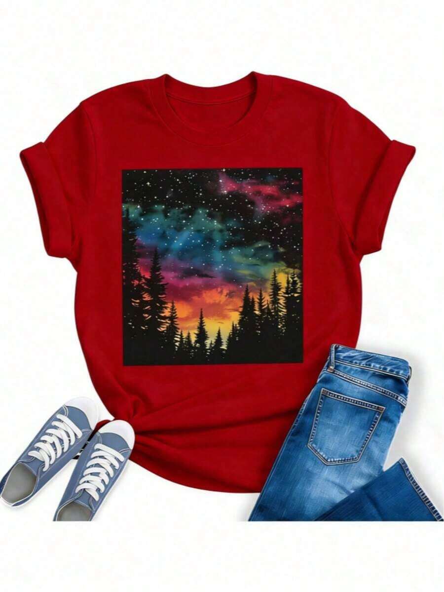 Women's Hiking T-Shirt, For Mountain, Camping, Nature, With Pine And Sunrise Print, Short Sleeve, Regular Fit, Graphic T-Shirts, Comfortable, Cotton, Roomy. - 紅色 - 查看 1