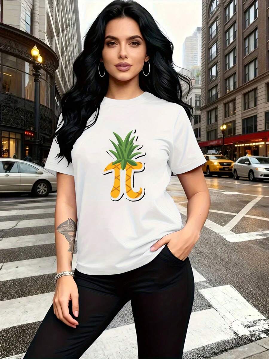 New Women's Short-Sleeved T-Shirt With Pineapple Symbol Print, Combining The Fun Of Mathematics With Tropical Charm, A Stylish And Beautiful Casual Blouse. - 白色 - 查看 1
