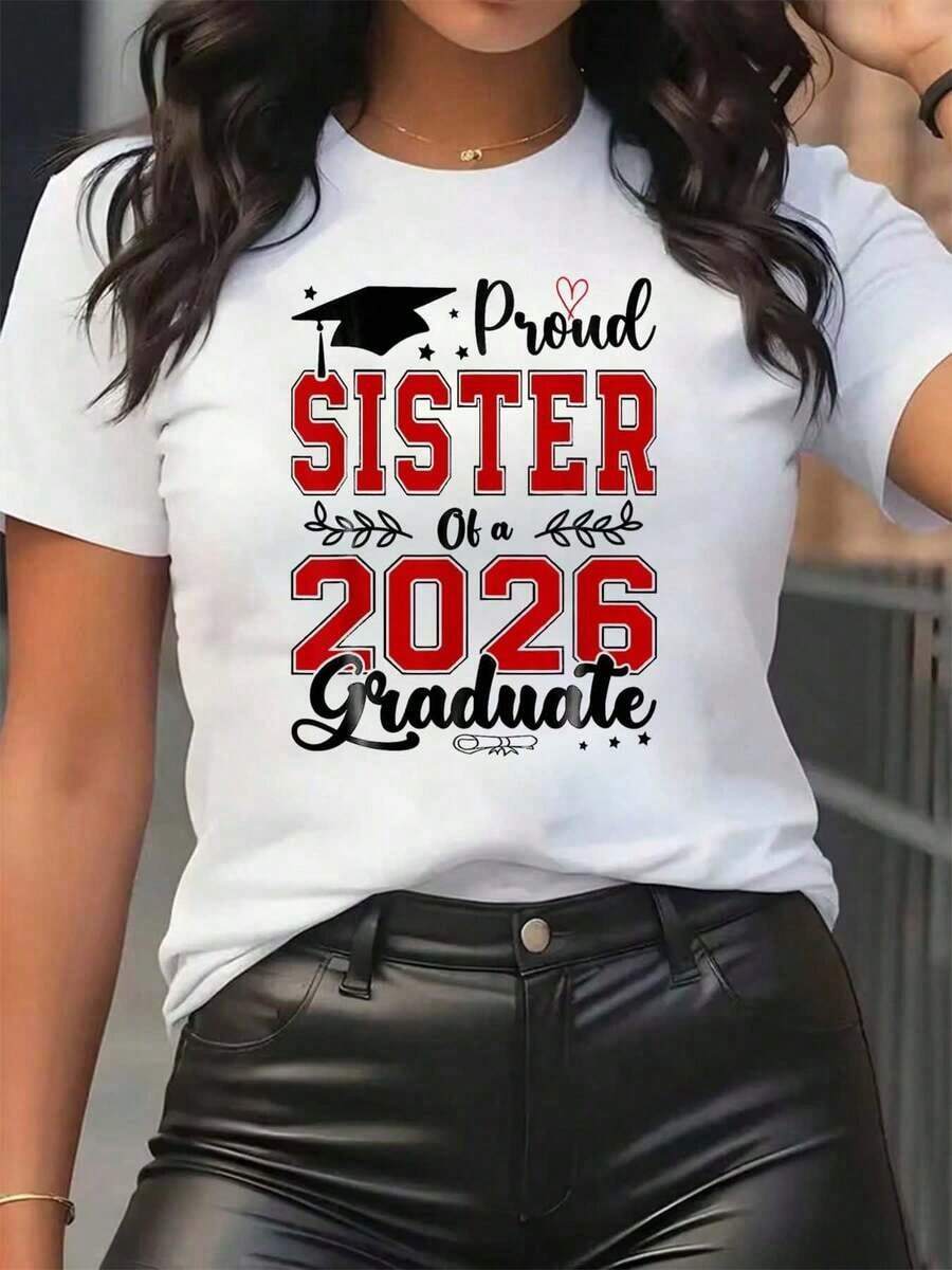 Mexican Women's T-Shirt With Graduation Cap And Heart Print, Proud Sister Of A 2026 Graduate, Crew Neck, Casual Daily Wear, Soft And Comfortable, Festival Top, Summer Fashion Cotton T-Shirt - 白色 - 查看 1