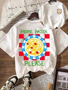Premium Quality Women's Short-Sleeved T-Shirt, Printed On Both Sides, 100% Cotton, Loose Fit, Checkerboard Print "MORE PASTA PLEASE", Breathable Casual Top, For Everyday Wear For Food Lovers, With Letter Print, Adult Women's Summer Short-Sleeved T-Shirt, Breathable Fabric, Suitable For The Back-To-School Season, Outdoor Wear, Ideal Gift, . - 白色 - 查看 9