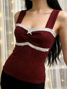 Women's Knit Camisole Elegant Lace Trim Sleeveless Square Neck Slim Fit Ribbed Tank Tops For Party Daily Wear - Red - View 2