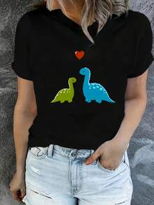 Women's Casual Short Sleeve T-Shirt - Dinosaur And Heart Balloon Print, Soft And Stretchy Crew Neck, Loose Fit, Machine Washable, Summer Top For Fashion Lovers, Everyday Comfort, Comfortable Women's Clothing. Loose, Casual, And Versatile T-Shirt. - 黑色 - 查看 1