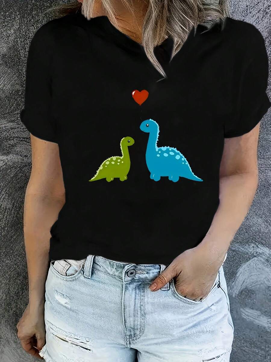 Women's Casual Short Sleeve T-Shirt - Dinosaur And Heart Balloon Print, Soft And Stretchy Crew Neck, Loose Fit, Machine Washable, Summer Top For Fashion Lovers, Everyday Comfort, Comfortable Women's Clothing. Loose, Casual, And Versatile T-Shirt. - 黑色 - 查看 1