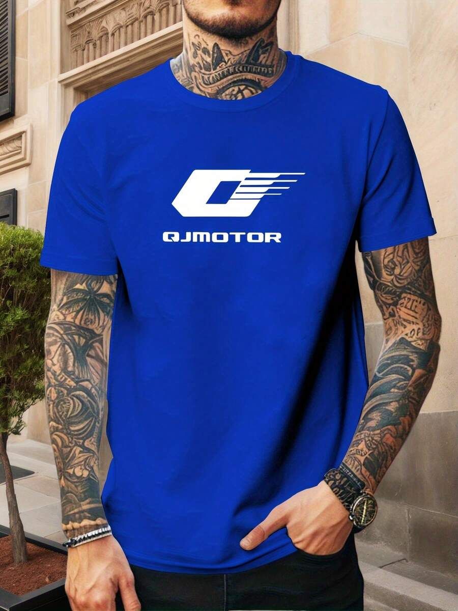 Men's Casual Summer Short Sleeve Crew Neck T-Shirt With QJmotor Logo - Royal Blue - View 1