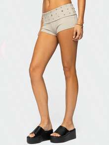 Women Fold Over Waist Shorts Stylish Rivet Studded Low Rise Slim Fit Mini Shorts for Beach Daily Wear - Beis - Ver 8