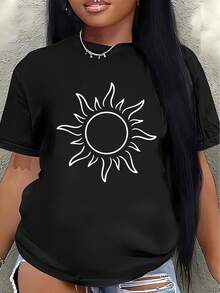 This Lightweight And Durable Short-Sleeved T-Shirt With A Sun Pattern Design Is Perfect For Lounging At Home Or Enjoying Outdoor Activities, Offering A Comfortable Everyday Wear Experience. Women's Blouses > Clothing - 黑色 - 查看 7