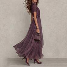 2026 Summer New Women V Neck Waist Gathering Ruffle Hem Dress Fashion Print Elegant Dress For European And American Style - 圖片色 - 查看 4