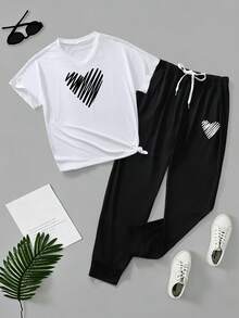 Plus Size Women's 2-Piece Set, V-Neck T-Shirt With Drawstring Pants, Batwing Short Sleeve With Striped Heart Print, Paired With Drawstring, Pocketed And Cuffed Hem Pants, Summer Casual Pullover Set, Soft Fabric Suitable For All Seasons - Black and White - View 1