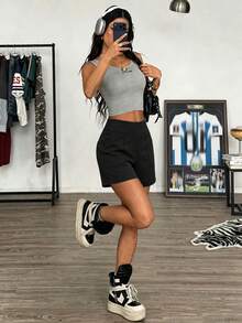 Plus Size Women's Casual Loose Drawstring Waist Shorts, Solid Color Minimalist Design, With 2 Side Pockets, Wear & Workout, Spring/Summer Sports - Black - View 7