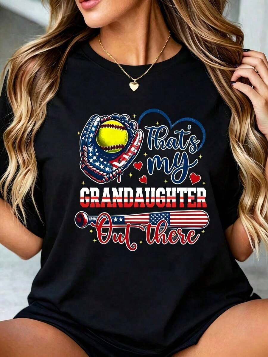 100% Algodón, Camiseta Blanca Estampada "Esa es mi Nieta, Es Mi Abuela del Softbol", Tops de Primavera para Mujer, Transpirable y Cómoda - Negro 2 - Ver 1