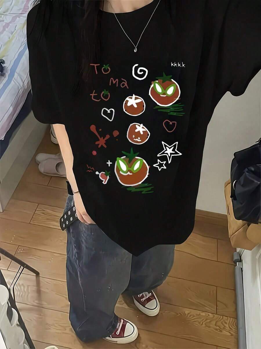 Women's Cotton Round Neck Casual T-Shirt - Short Sleeve Round Neck Casual T-Shirt For Women, Ideal For Spring/Summer - Relaxed Fit - Top With Appliquéd Geometric Print, Machine Washable Blouse For Casual Outfits And Layering Pieces - Simple T-Shirt For Everyday Wear - 黑色 - 查看 1