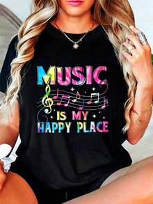 Women's Cotton Crew Neck Casual Plus Size T-Shirt - Plus Size - The Joyful Kingdom Of Music, Where Melodies Bring Happiness. A Stylish And Casual Women's Crew Neck T-Shirt With Music-Themed Prints And Designs, Perfect For Spring And Summer. A Simple T-Shirt For Everyday Wear. - 黑色 - 查看 7
