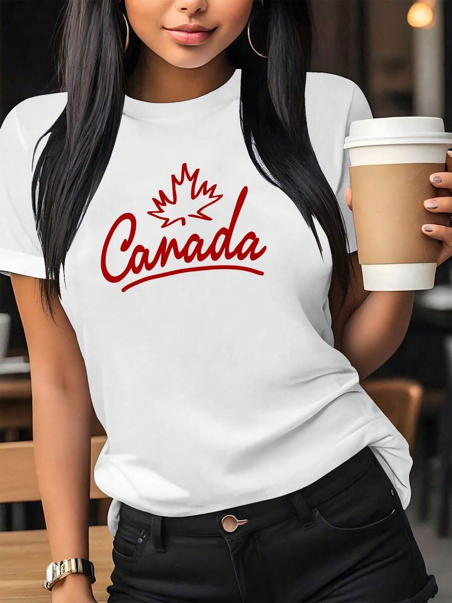 Women's Cotton Round Neck T-Shirts, Casual Summer And Spring Clothing, Short Sleeve Round Neck Casual Top, Patterned Printed T-Shirt, Simple T-Shirt For Everyday Wear - 白色 - 查看 1