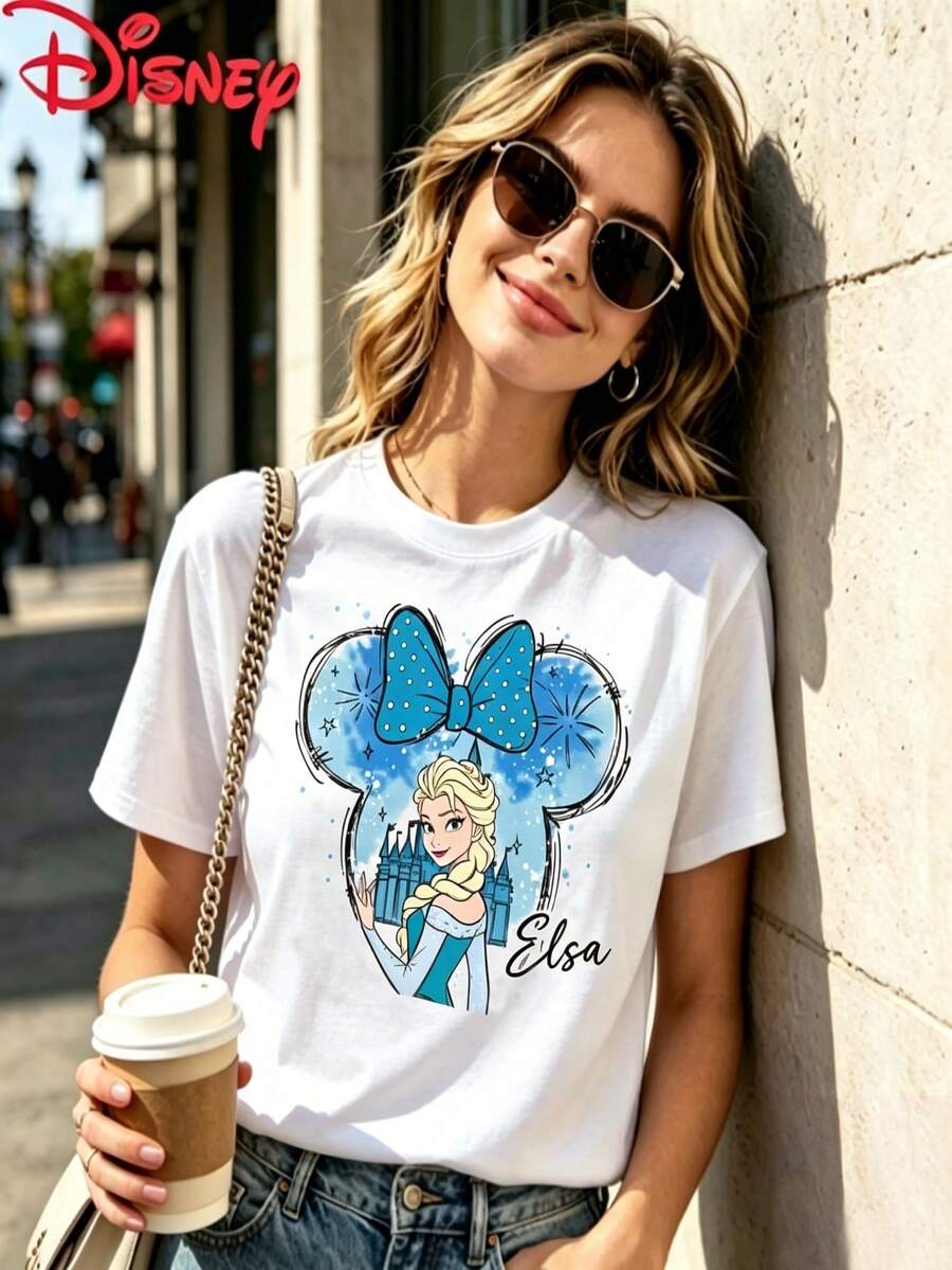 T-shirt graphique La Reine des Neiges pour femme, marque Disney, col rond, manches courtes, style décontracté et mignon, idéal pour l'été. - Blanc - Voir 1