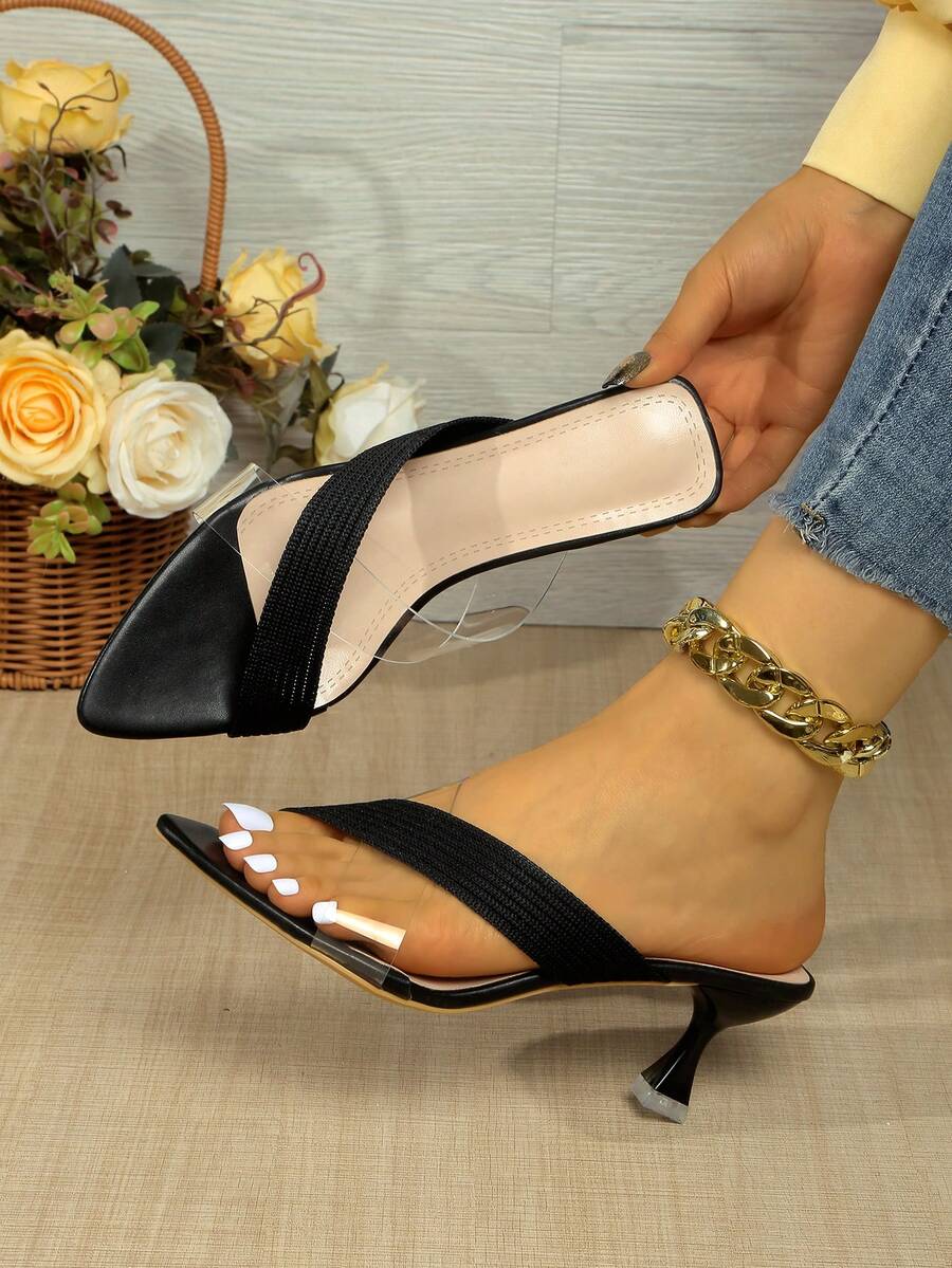 Women Heel Pointed Peep Open Toe Slip On Sexy Heeled Sandals Low Heel Mules For Party Wedding Summer - Black - View 1