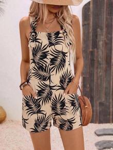 Linen Blend Women's Solid Color Dual Pocket Twist Knot Romper - Albaricoque 3 - Ver 8