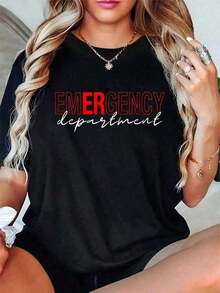 100% Cotton, 1 Piece, 100% Cotton, Nursing T-Shirt For Emergency Room, ER, RN, Health Department, Unisex Design, Sporty, Comfortable, Soft Fabric, Casual Daily Wear At Home, G, 100% Cotton. Women's Simple Solid Color T-Shirt, Loose Fit, Short Sleeve Casual - 黑色 - 查看 4