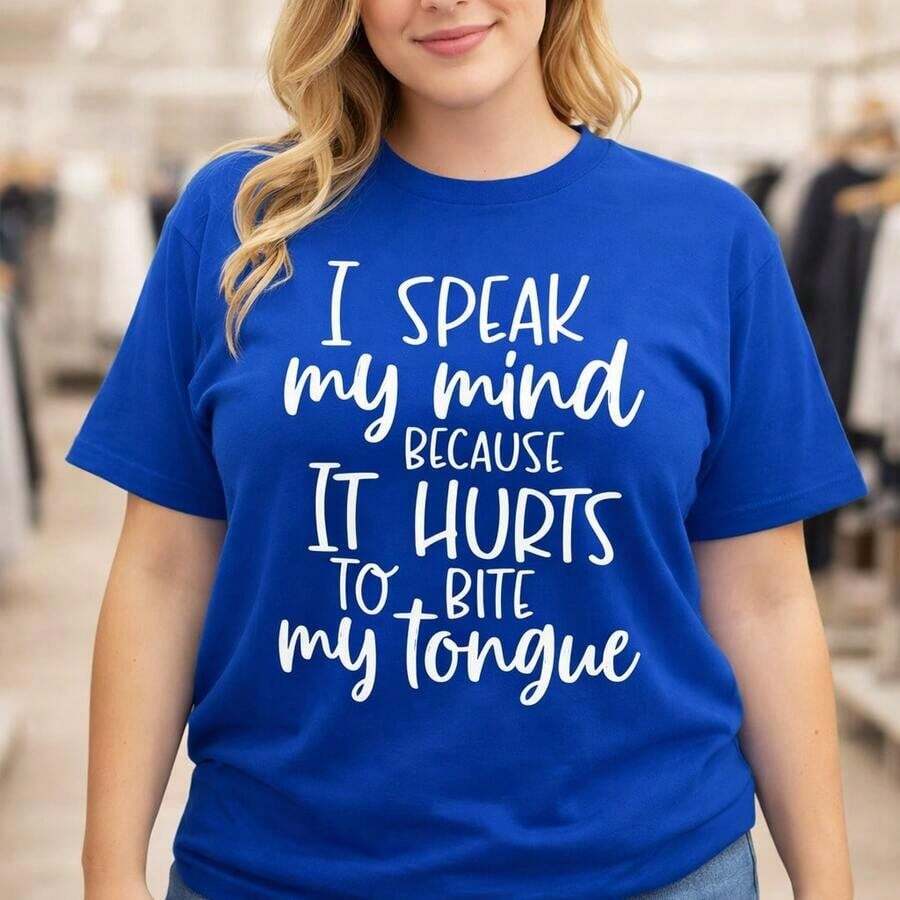 Women's Cotton T-Shirt, "I Speak My Mind Because It Hurts To Bite My Tongue" Print, Casual Short Sleeve Crew Neck Top, Loose Fit, Sizes M-5XL, Comfortable For Everyday Wear, Soft - 藍色 - 查看 1