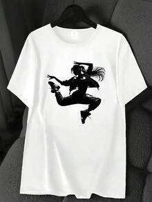 T-Shirt With A "Dancing Girl" Dance Element Print And Custom Style. Available In 6 Colors, Short Sleeves, Round Neck, High-Stretch Casual Sports Top. Machine Washable. Suitable For Spring And Summer. Can Be Worn In All Seasons. Women's Clothing. Elegant Party Outfit, T-Shirt For Elegant Ladies, Blouses Suitable For Curvy Women, Casual Wear, Cool And Sweat-Free Summer Wear, Fun Letter Print. - 白色 - 查看 1
