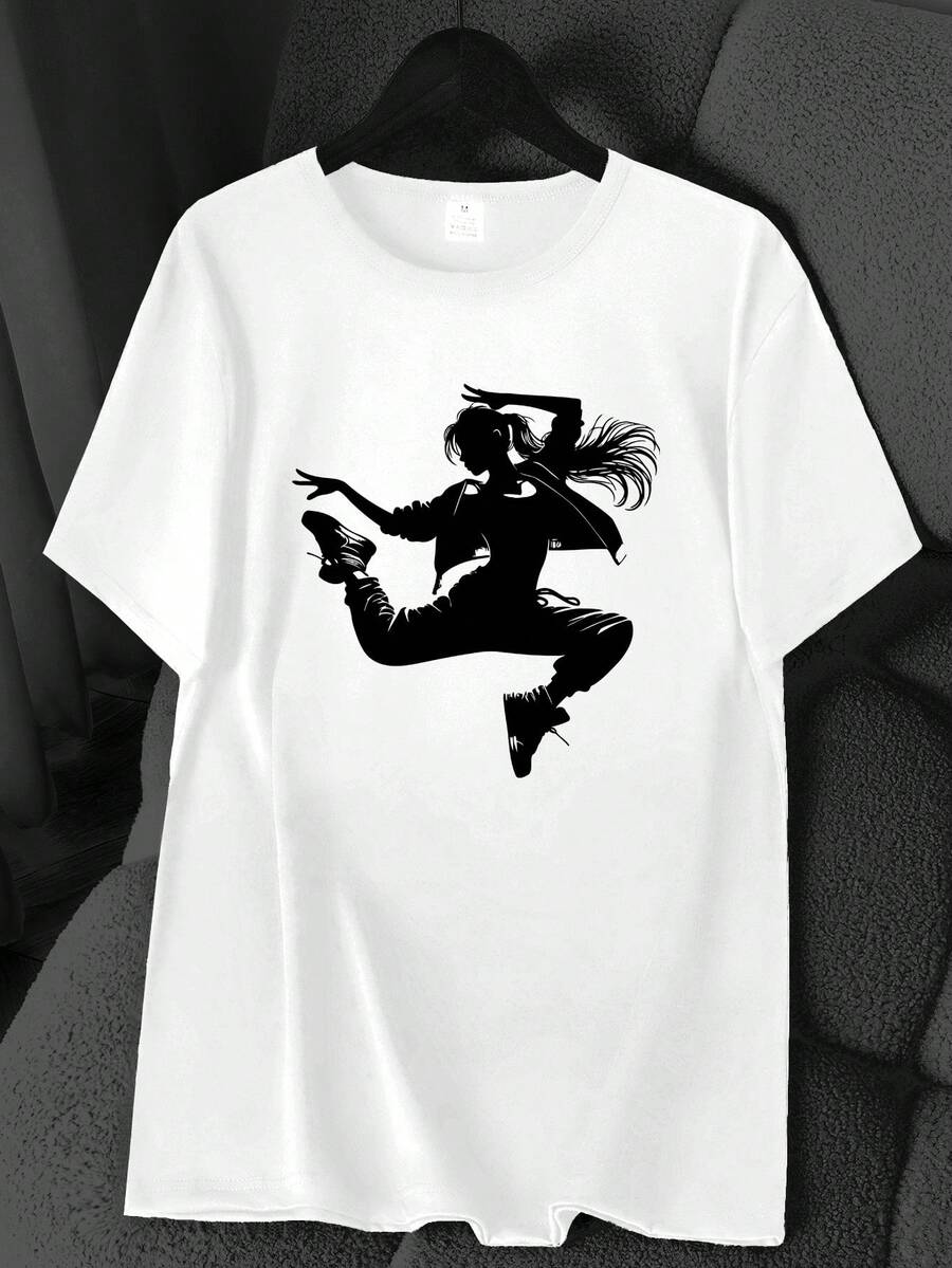 T-Shirt With A "Dancing Girl" Dance Element Print And Custom Style. Available In 6 Colors, Short Sleeves, Round Neck, High-Stretch Casual Sports Top. Machine Washable. Suitable For Spring And Summer. Can Be Worn In All Seasons. Women's Clothing. Elegant Party Outfit, T-Shirt For Elegant Ladies, Blouses Suitable For Curvy Women, Casual Wear, Cool And Sweat-Free Summer Wear, Fun Letter Print. - 白色 - 查看 1