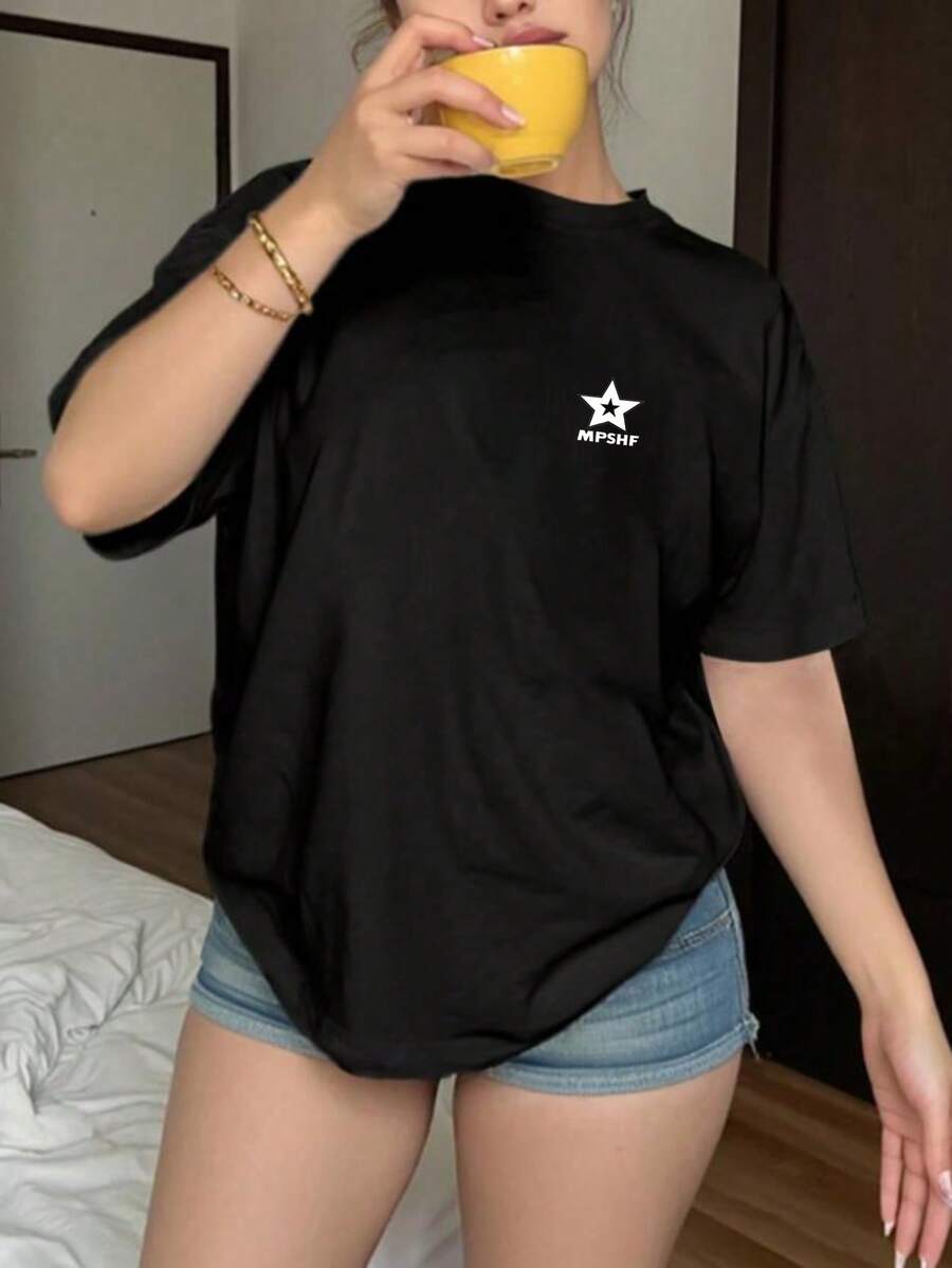 Loose-Fitting Short-Sleeved T-Shirt For Women, Available In Various Colors And Made From A Comfortable Fabric, Ideal For Any Occasion: White, Royal Blue, Black, Gray, Burgundy, Brown And Apricot. - 黑色 - 查看 1