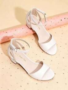Girls Chunky Low Heeled Sandals Fashion Open Toe Party Dress Shoes With Adjustable Hook Loop For Dancing, Performance And Daily Wear - Trắng nhạt - Xem 1