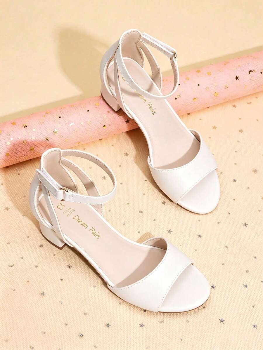 Girls Chunky Low Heeled Sandals Fashion Open Toe Party Dress Shoes With Adjustable Hook Loop For Dancing, Performance And Daily Wear - Trắng nhạt - Xem 1