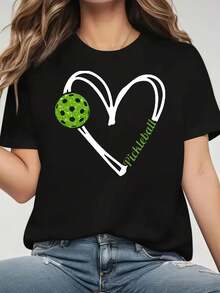 Women's Short-Sleeved T-Shirt With Pileball And Pickleball Print, Casual Black Round Neck T-Shirt, Elastic, Machine Washable, Suitable For Sports And Leisure In Spring/Summer/Autumn. - 黑色 - 查看 6