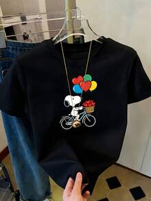 Women's T-Shirt With Retro Bicycle And Heart Balloons - Casual Short-Sleeve Crew Neck Top With Iconic Cyclist Print, Regular Fit, Suitable For Collectors, Nostalgic Casual Wear, Shipped From Mexico - 黑色 - 查看 1