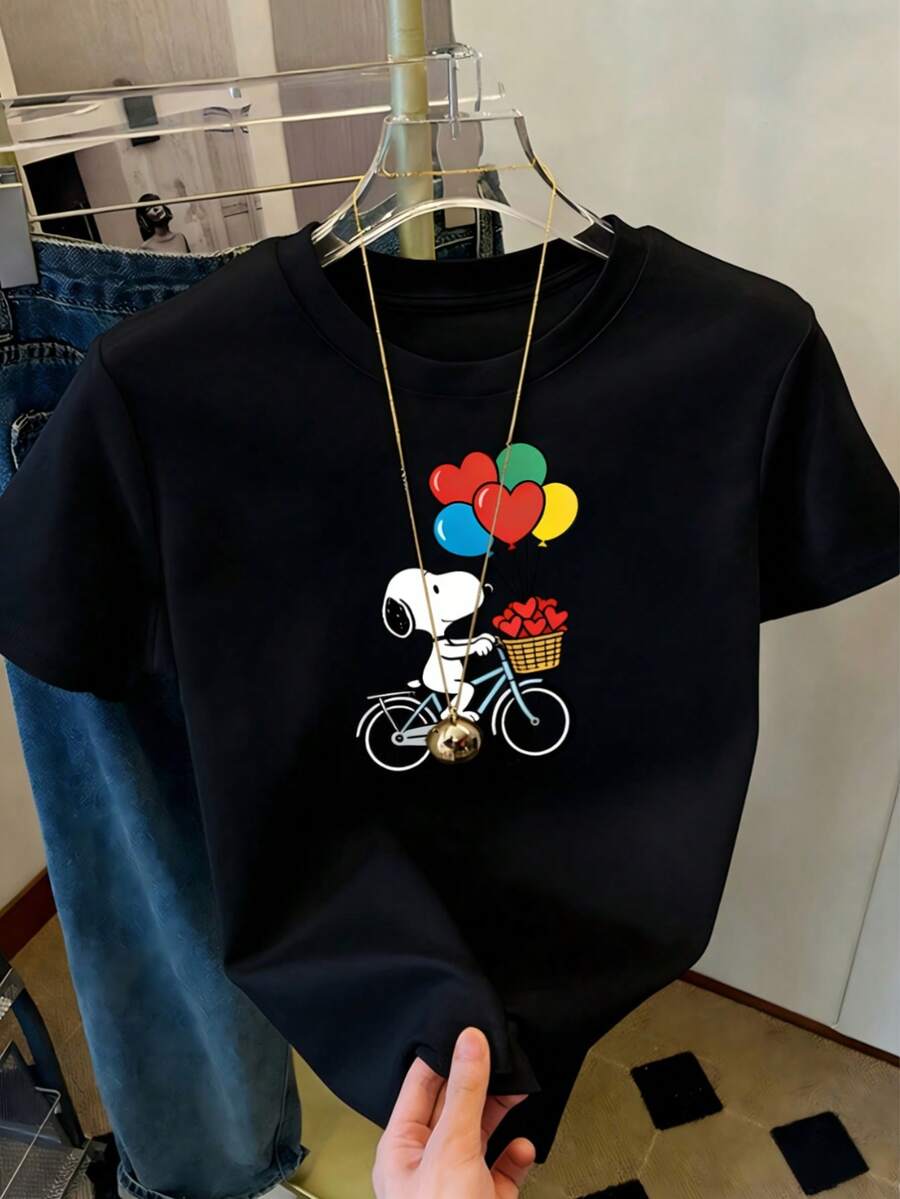 Women's T-Shirt With Retro Bicycle And Heart Balloons - Casual Short-Sleeve Crew Neck Top With Iconic Cyclist Print, Regular Fit, Suitable For Collectors, Nostalgic Casual Wear, Shipped From Mexico - 黑色 - 查看 1