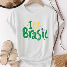 [Brazil Soccer Jersey] Women's Brazil Soccer Jersey - Short Sleeve T-Shirt With Brazilian Soccer Print And "I Love Brazil" Design, Machine Washable, Casual Wear And For Fans Of Matches/Training (Brazilian Style) - 白 - 查看 1