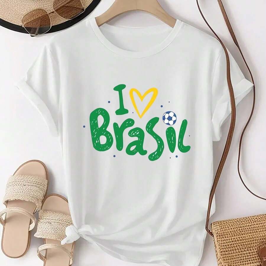 [Brazil Soccer Jersey] Women's Brazil Soccer Jersey - Short Sleeve T-Shirt With Brazilian Soccer Print And "I Love Brazil" Design, Machine Washable, Casual Wear And For Fans Of Matches/Training (Brazilian Style) - 白 - 查看 1