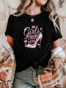 Women's T-Shirt With Trip 2026 Letter Print, Short Sleeve And Round Neck, Casual Top For Summer And Spring, Women's Clothing, Casual Printed T-Shirt, Short Sleeve And Round Neck, Local Urban Fashion For Spring/Summer. - 黑色 - 查看 6