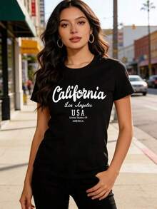 1 Pieza Camiseta Unisex Holgada 180g 100% Algodón Puro, Camiseta única estilo y2k con diseño moderno de California Los Ángeles, ideal para los amantes de la moda urbana, cómoda y versátil, perfecta para cualquier ocasión, ideal para destacar en tu armario, ¡hazla tuya ahora! Cómoda y versátil para escuela, trabajo, salidas y eventos casuales - Negro - Ver 1