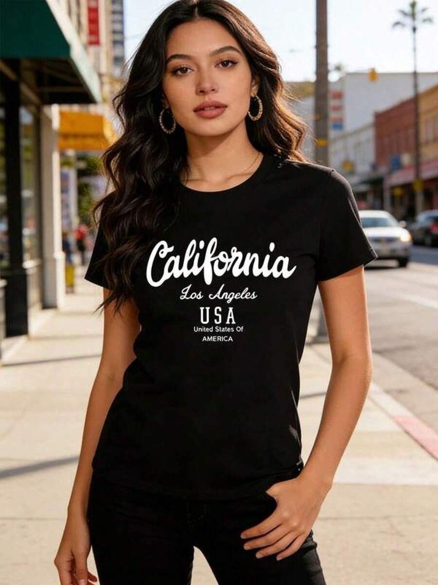 1 Pieza Camiseta Unisex Holgada 180g 100% Algodón Puro, Camiseta única estilo y2k con diseño moderno de California Los Ángeles, ideal para los amantes de la moda urbana, cómoda y versátil, perfecta para cualquier ocasión, ideal para destacar en tu armario, ¡hazla tuya ahora! Cómoda y versátil para escuela, trabajo, salidas y eventos casuales - Negro - Ver 1