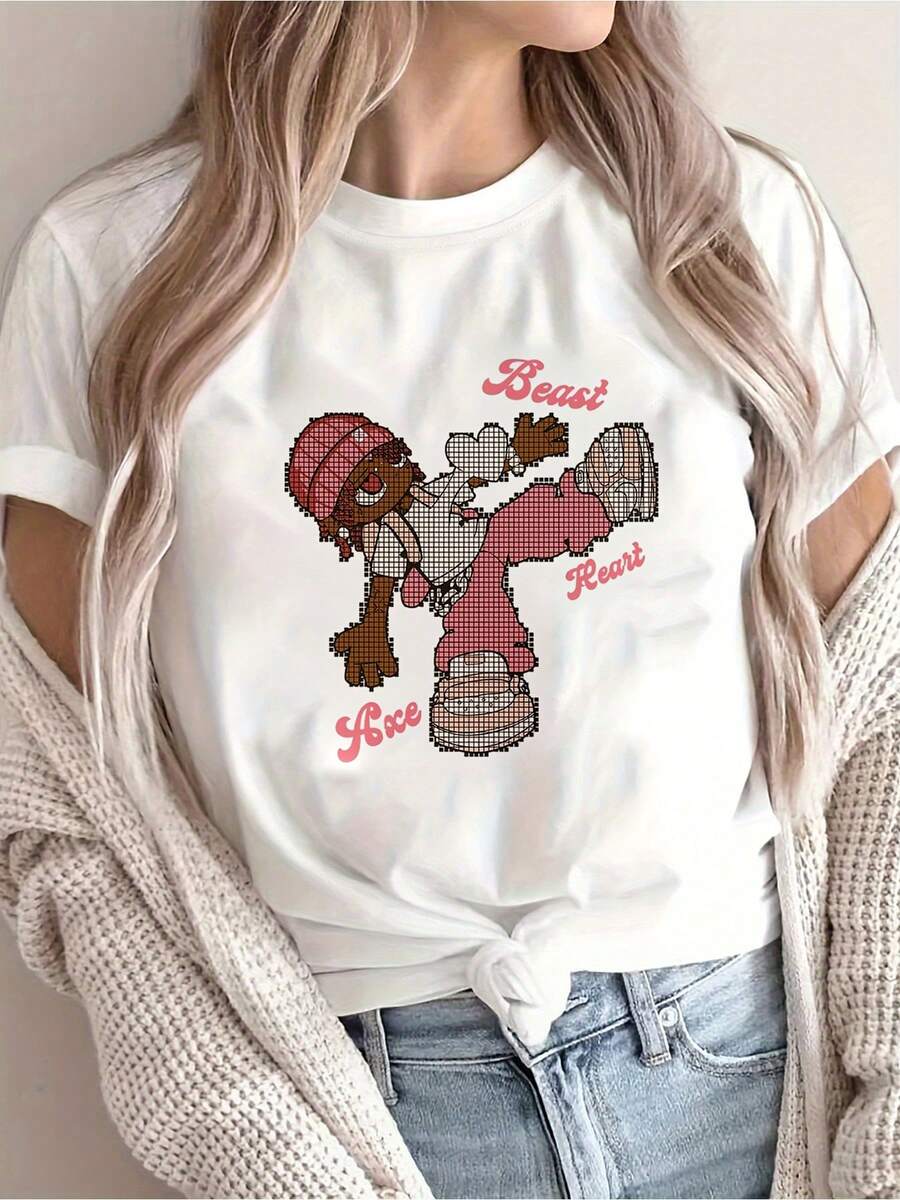 | Exquisite Design | Loose And Comfortable | Easy To Match | Women's Urban Style Hip-Hop Print T-Shirt - Olive Green With "Your Feet" Dance Design In Pink - Urban Style Crew Neck Top - Soft T-Shirt For Everyday Wear And Parties - Outfit - Machine Washable Casual Top, Fun Print, Comfortable Fit, Short Sleeves, Fashionable For Young People. - 白色 - 查看 1