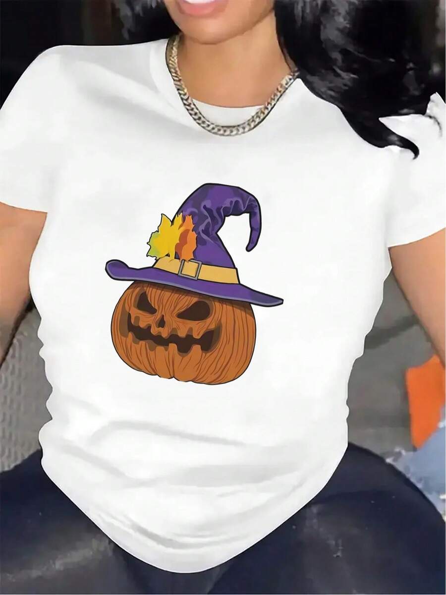 Women's Printed T-Shirt With Pumpkin And Halloween Witch Hat Design - Casual Short Sleeve Crew Neck T-Shirt, Relaxed Fit For All Seasons, Perfect For Everyday Wear And Festive Outfits (Machine Washable). - 白色 - 查看 1