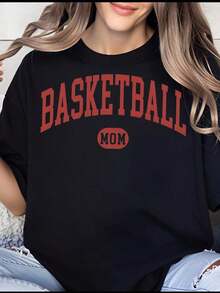 Women's T-Shirt, Basketball T-Shirt For Mom, Casual Crew Neck Sweatshirt For Women, Gift For Basketball Fan, Clothing For Dad And Mom Who Love Basketball - 黑色 - 查看 1