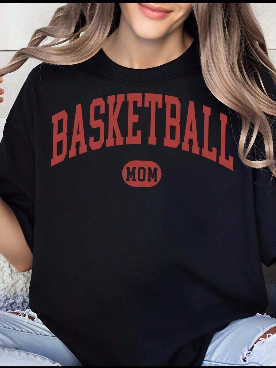 Women's T-Shirt, Basketball T-Shirt For Mom, Casual Crew Neck Sweatshirt For Women, Gift For Basketball Fan, Clothing For Dad And Mom Who Love Basketball - 黑色 - 查看 1