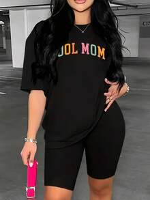 Women's T-Shirt With "Mother" Text Print, Black, Short Sleeve, Round Neck, Soft And Attractive Design (Pants Not Included), Casual, Cool And Breathable, Eye-Catching Personality, Chaoku Bohemian Urban Retro Style, "Millennium Spicy Girl" Style Blouse, Suitable For Daily Leisure And Relaxed Style, Women's Going Out Blouse - 黑色 - 查看 7