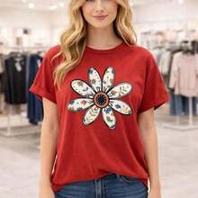 1 Piece Of High-Quality Women's Plus-Size T-Shirt, Cotton, Size M, Round Neck, Short Sleeves, Loose Fit, Floral Print, Casual Everyday Wear, Soft And Breathable T-Shirt, Colorful, Plus-Size Fashion, Comfortable Summer Top. Round Neck, 100% Cotton, Soft Fabric, Short Sleeve - 紅色 - 查看 1