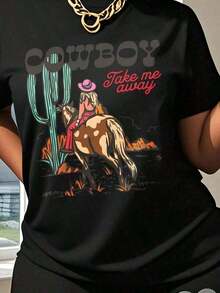 Women's Western T-Shirt, Cowgirl 'Take Me Away' And Desert Print, Loose Fit Cotton Graphic Tee, Cowboy Themed Summer Party Wear, 4th Of July Rodeo. Suitable As A Gift. Women's T-Shirt. Blouses>Elegant. Boho Chic, Soft, Breathable And Comfortable Women's Top, Ideal For Spring, Summer And Autumn, Perfect For Vacations, Travel And Everyday Wear. - 黑色 - 查看 1